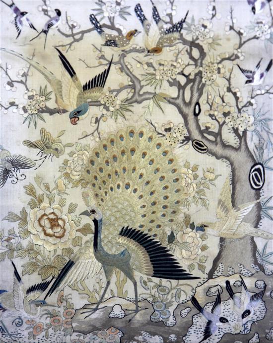 A Chinese embroidered silk Hundred Bird panel, late 19th century, 42 x 35cm, stained